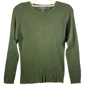 Silk House Sweater Women Large Green 100% Silk Ribbed Knit Long Sleeve Crew Neck